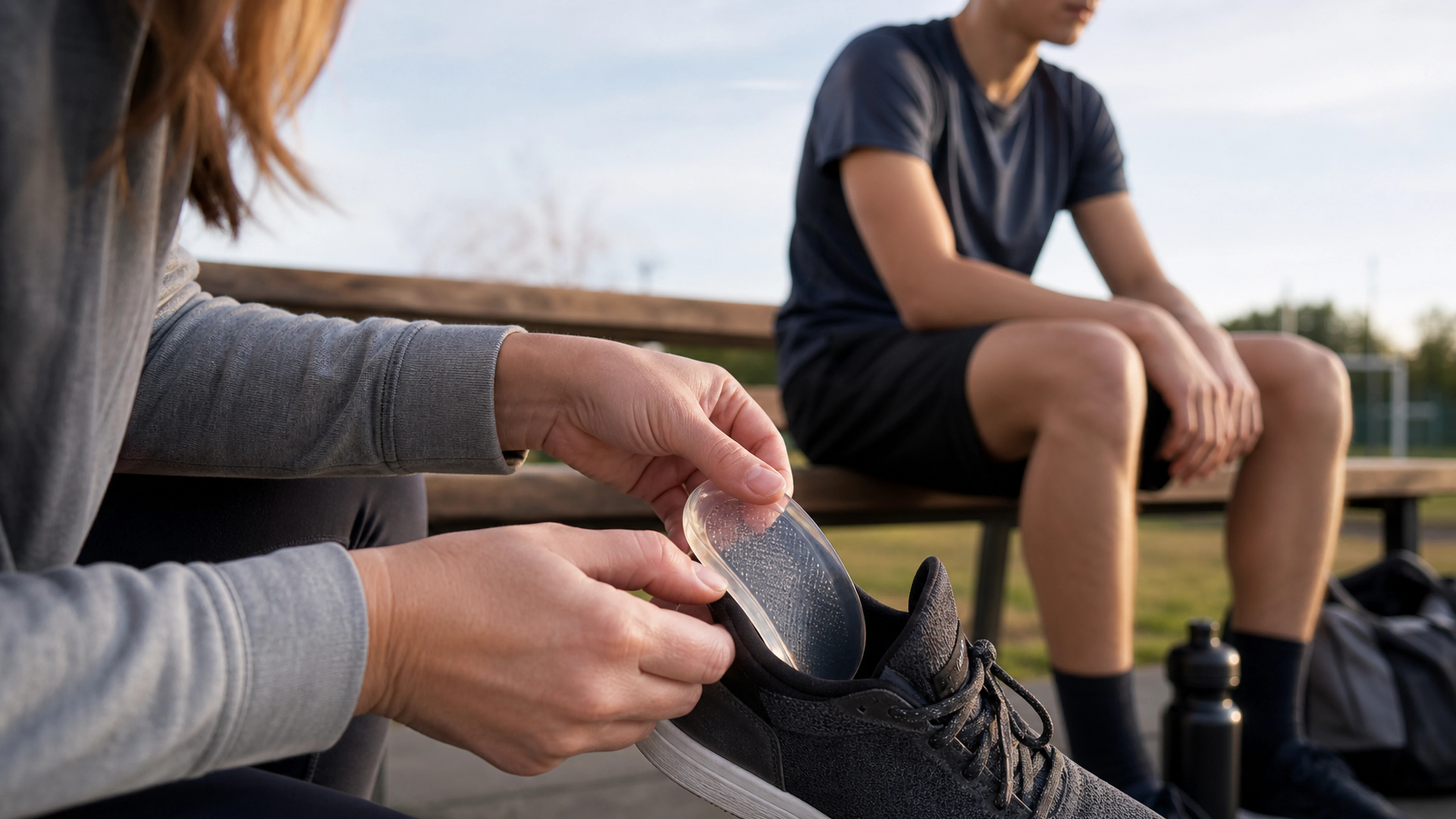 Parent plaçant une talonnette amortissante dans la chaussure d’un jeune sportif assis au bord d’un terrain.