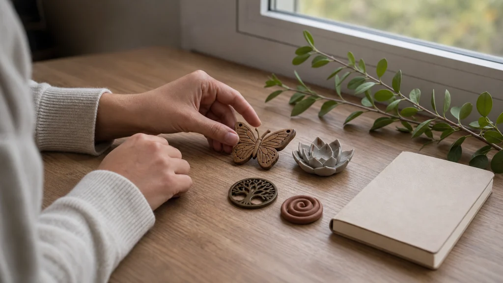 Main choisissant plusieurs objets symboliques artisanaux évoquant la transformation personnelle sur une table en bois.