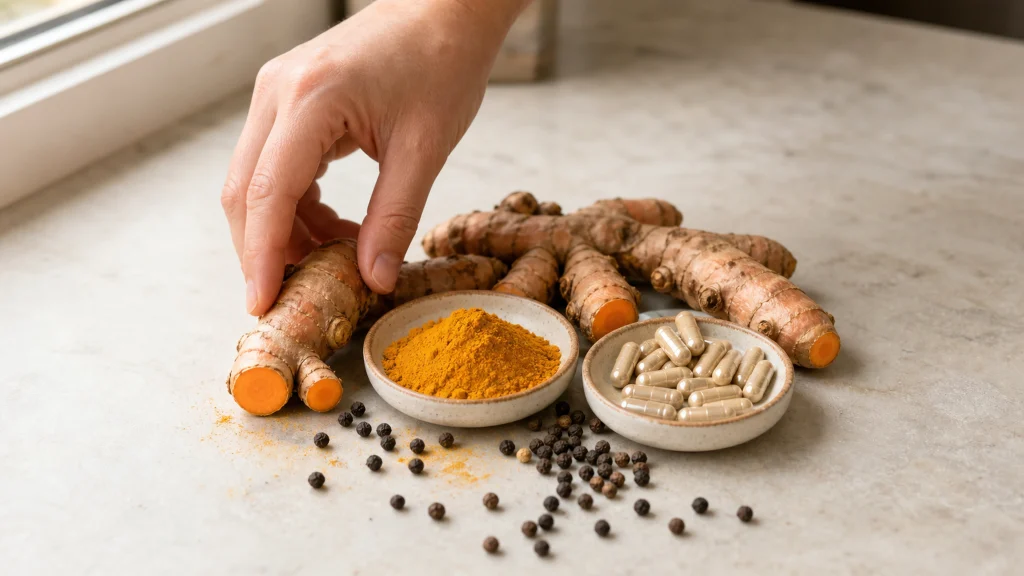 Curcuma frais, poudre jaune, grains de poivre noir et gélules végétales neutres sur un plan de travail lumineux.