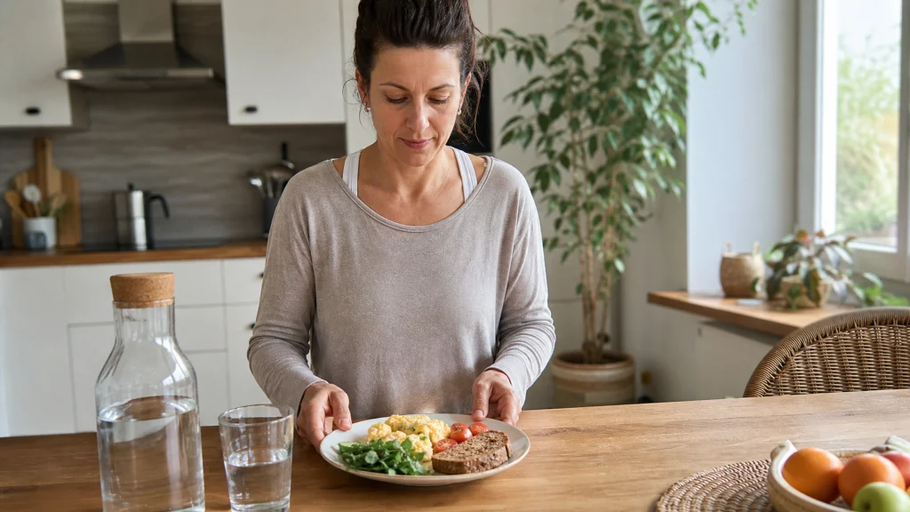 Une adulte prépare un repas équilibré et une carafe d'eau dans une cuisine lumineuse.