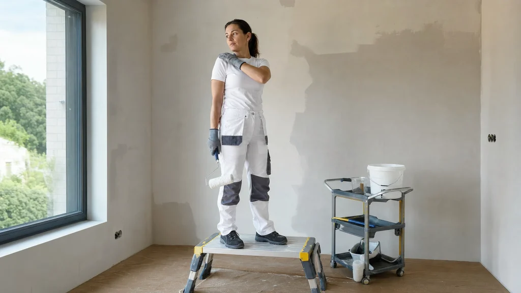Une peintre en rénovation fait une pause en posant une main sur son épaule près d'un chariot de matériel.