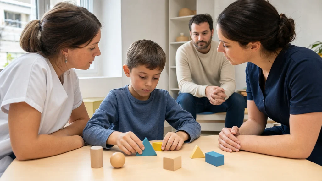Un enfant manipule des formes en bois lors d’une évaluation avec une pédiatre et une ergothérapeute, accompagné d’un parent.