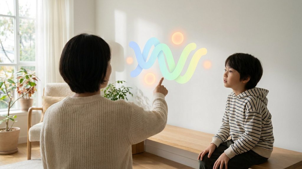 Une femme montre une forme lumineuse abstraite à un jeune garçon dans un salon lumineux.