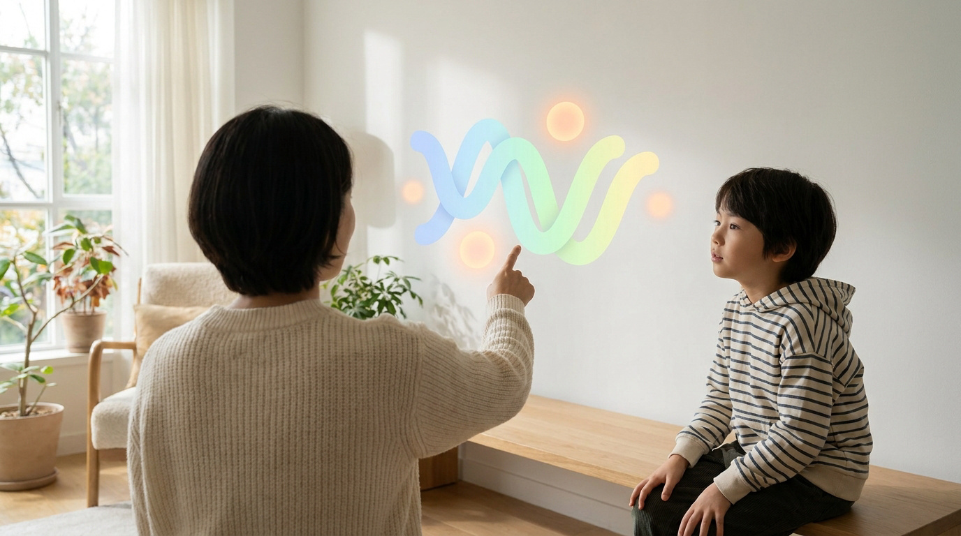 Une femme montre une forme lumineuse abstraite à un jeune garçon dans un salon lumineux.