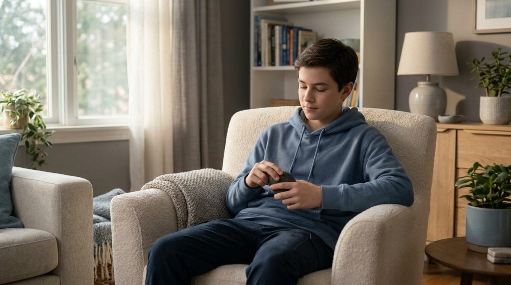 Un adolescent assis dans un fauteuil, manipulant calmement un objet sensoriel pour s'apaiser.