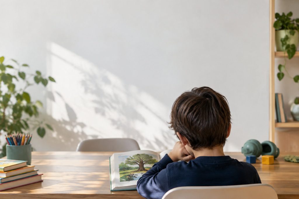 Un jeune enfant vu de dos, assis à une table en bois, est concentré sur la lecture d'un livre illustré.