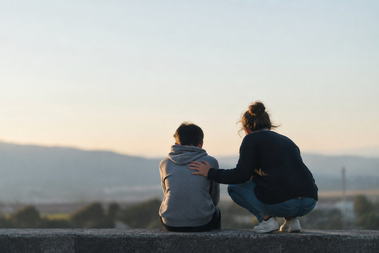 Une éducatrice accroupie pose une main rassurante sur l'épaule d'un adolescent assis face à un paysage au crépuscule.
