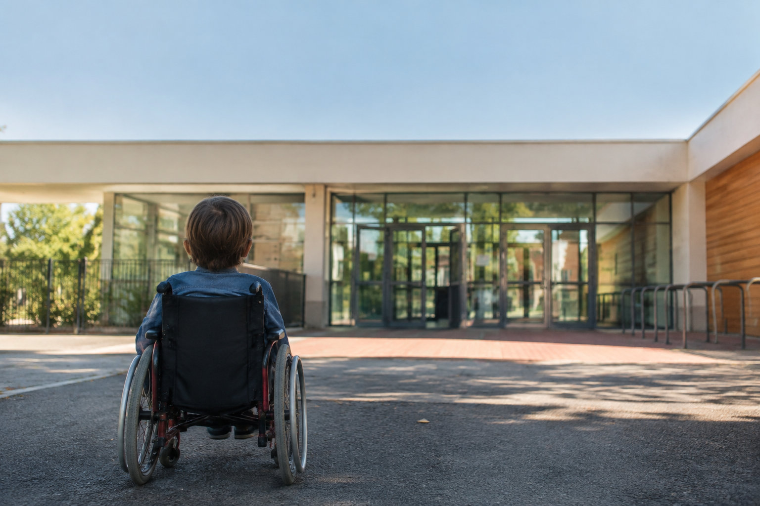 Un enfant en fauteuil roulant, vu de dos, face à l'entrée d'un établissement scolaire.