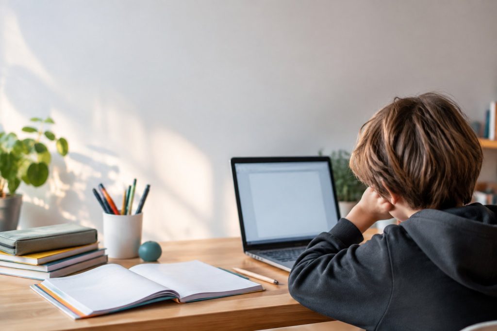 Un enfant assis devant un ordinateur portable sur un bureau en bois, avec un cahier ouvert et des fournitures scolaires.