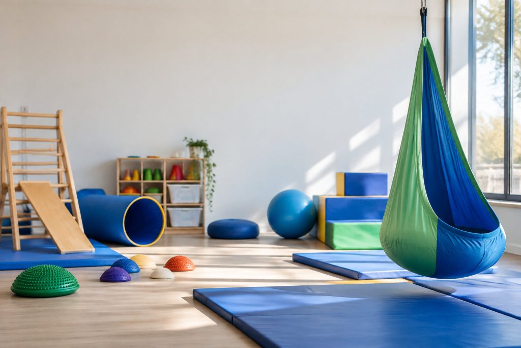 Salle de thérapie avec balançoire suspendue, tapis, tunnel bleu, échelle en bois et équipements sensoriels au sol.