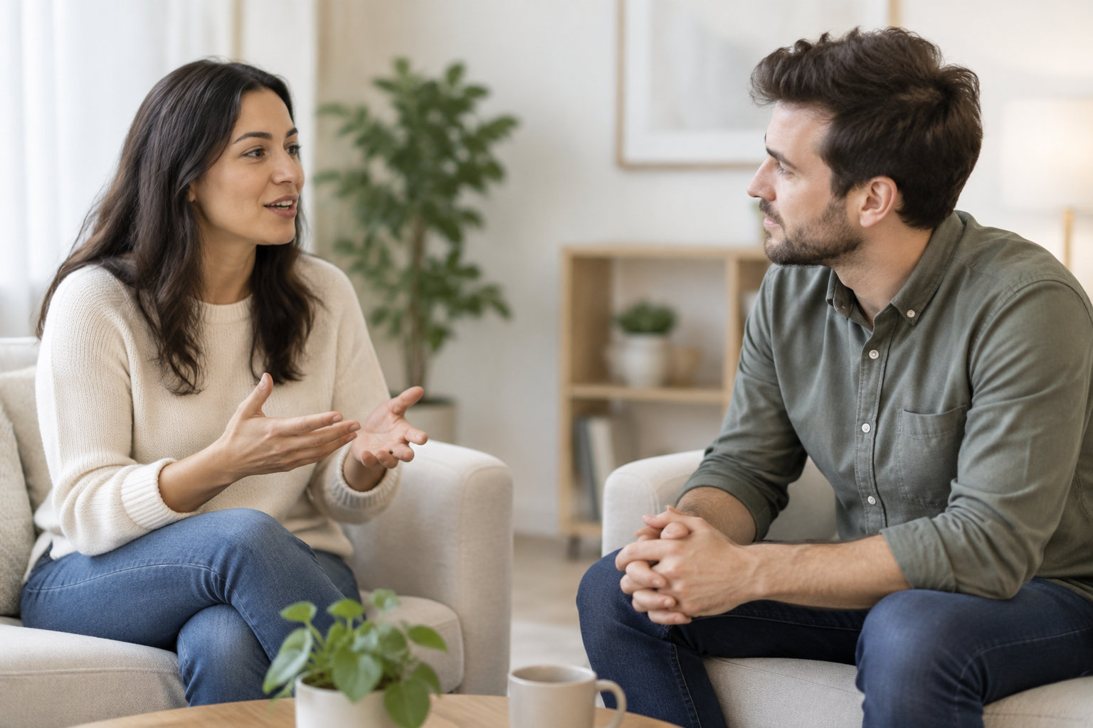 Une femme assise parle en gesticulant face à un homme assis qui l’écoute, dans un salon lumineux.