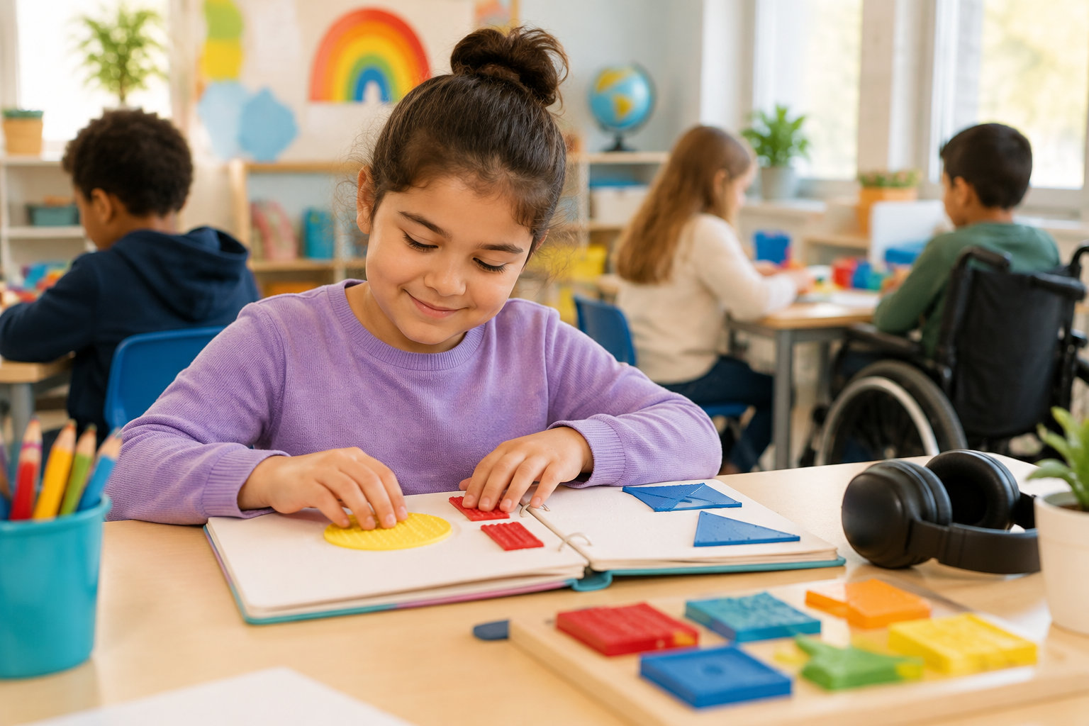 Une fillette manipule des formes colorées dans un livre tactile, assise à une table de classe où d’autres élèves travaillent, dont un garçon en fauteuil roulant.