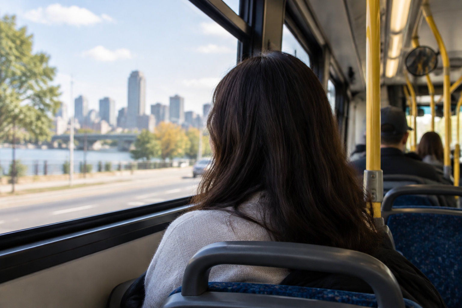 Une femme assise dans un bus regarde par la fenêtre un paysage urbain avec une rivière et des immeubles.