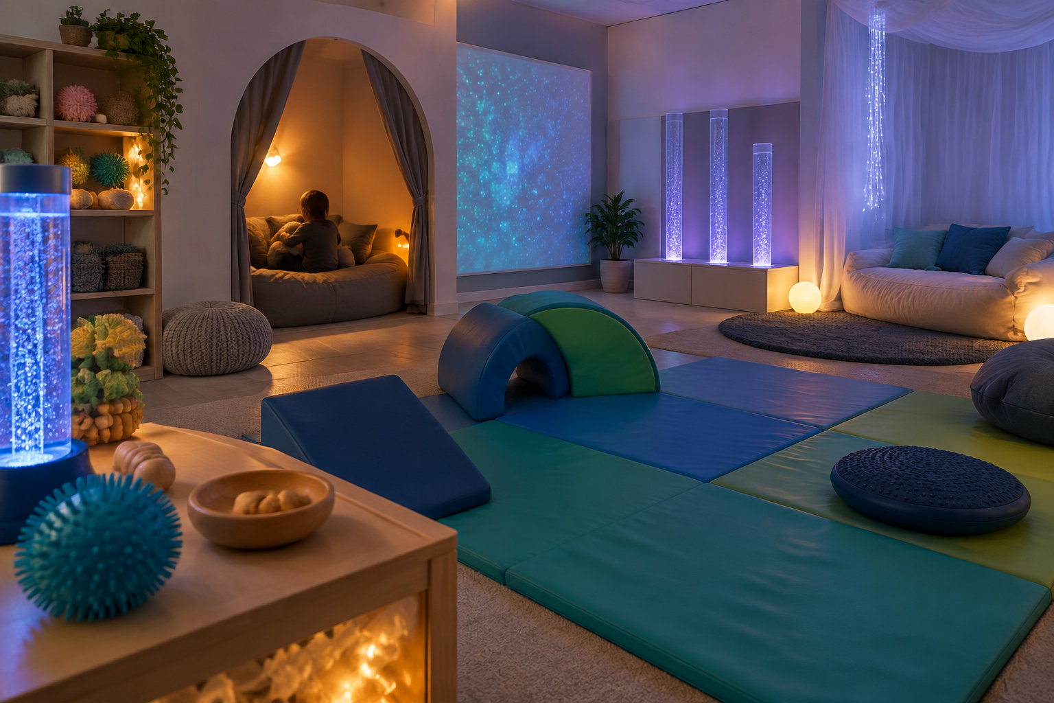 Une salle de détente aux lumières tamisées, avec des tapis de motricité, des coussins, des colonnes à bulles et une personne assise dans une alcôve.