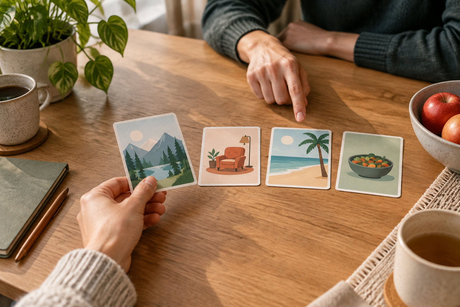 Une personne tient une carte illustrant un paysage de montagne tandis qu’une autre désigne une rangée de cartes représentant un fauteuil, une plage et un bol de nourriture, sur une table en bois.