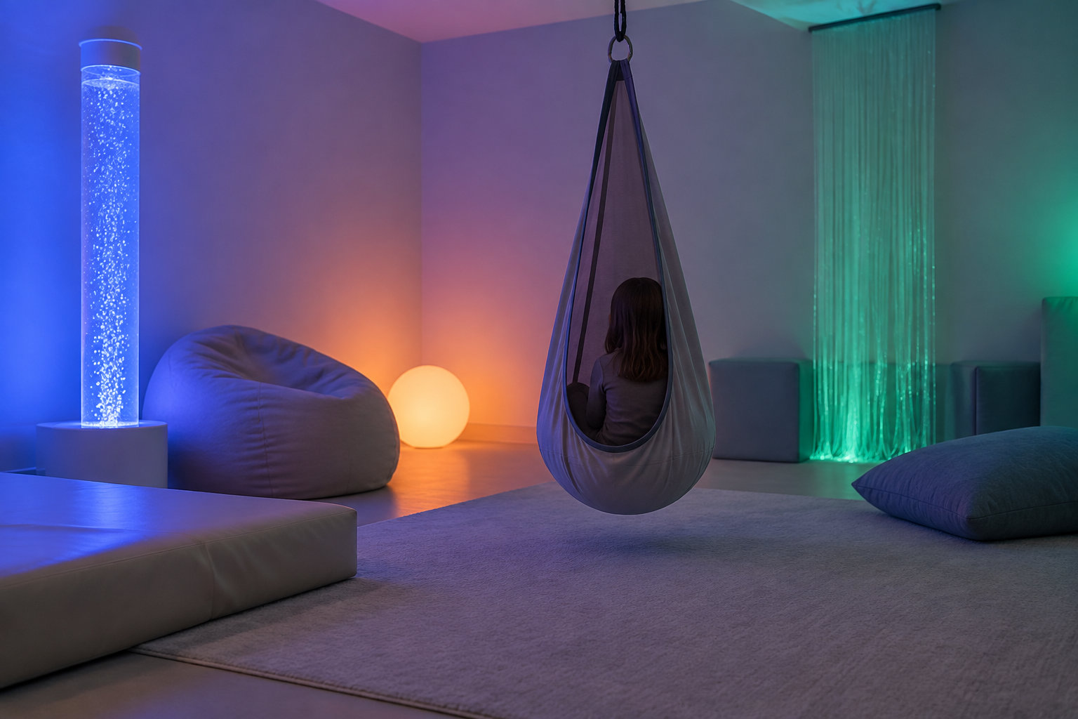 Une personne est assise dans un fauteuil suspendu au centre d’une pièce aux lumières colorées, entourée de coussins et d’un tube lumineux rempli de bulles.