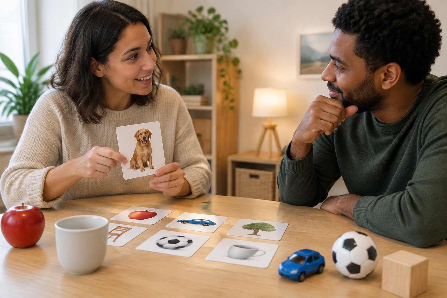 Une femme montre à un homme une carte illustrée d’un chien, tandis que d’autres cartes et objets sont disposés sur la table.