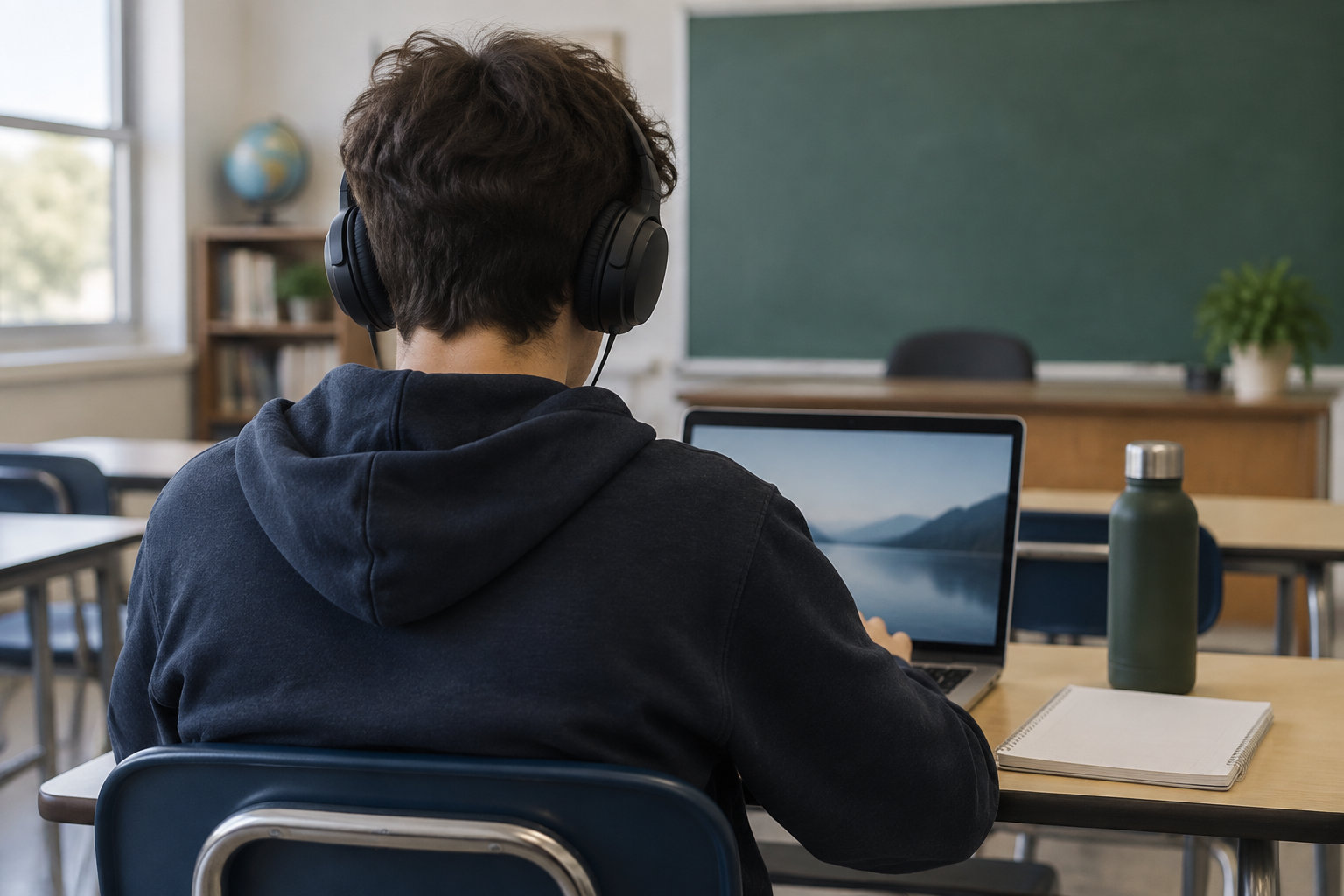 Un élève portant un casque écouteurs est assis devant un ordinateur portable dans une salle de classe, avec un cahier et une gourde sur la table.