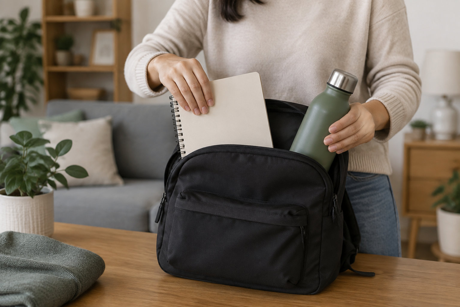 Une personne glisse un carnet à spirale et une gourde verte dans un sac à dos noir posé sur une table en bois.