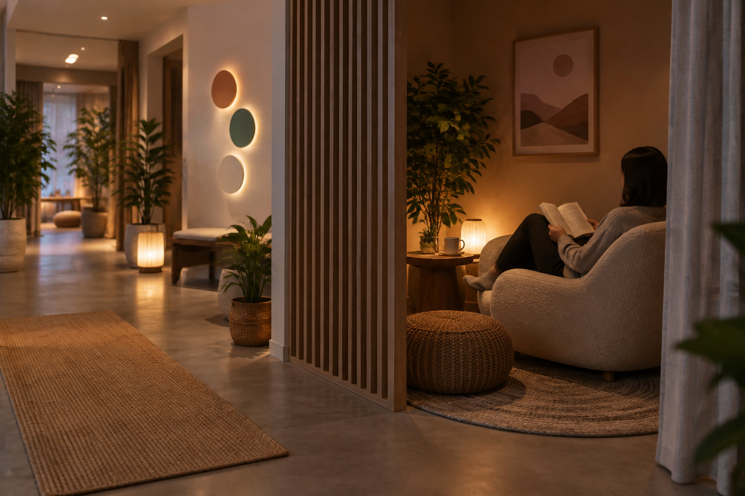 Une femme lit un livre dans un fauteuil, dans un intérieur chaleureux éclairé par des lampes, avec des plantes, des tapis et des œuvres murales.