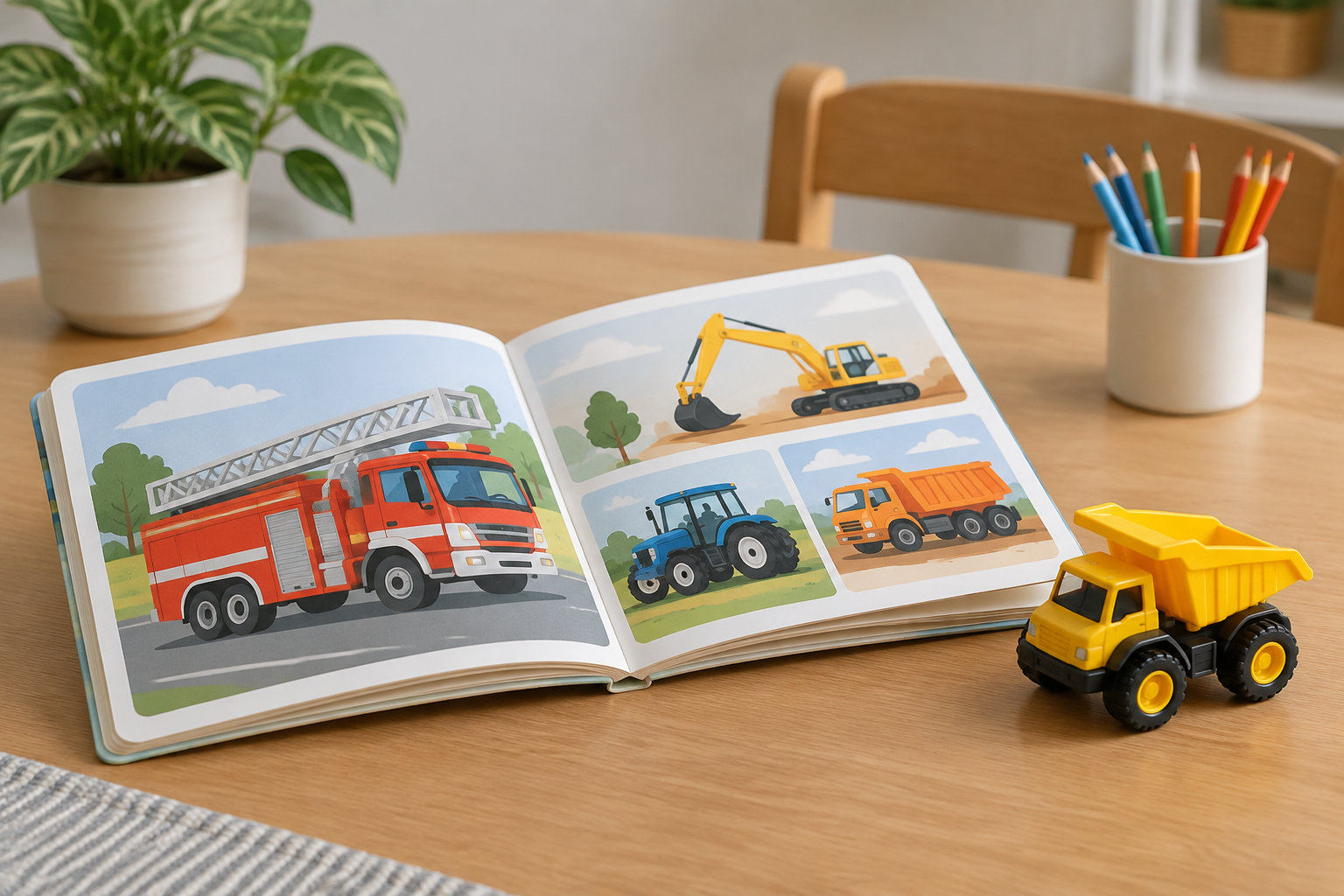 Un livre illustré ouvert montrant un camion de pompiers, une pelleteuse, un tracteur et un camion-benne est posé sur une table, à côté d’un jouet camion-benne, d’un pot de crayons et d’une plante.