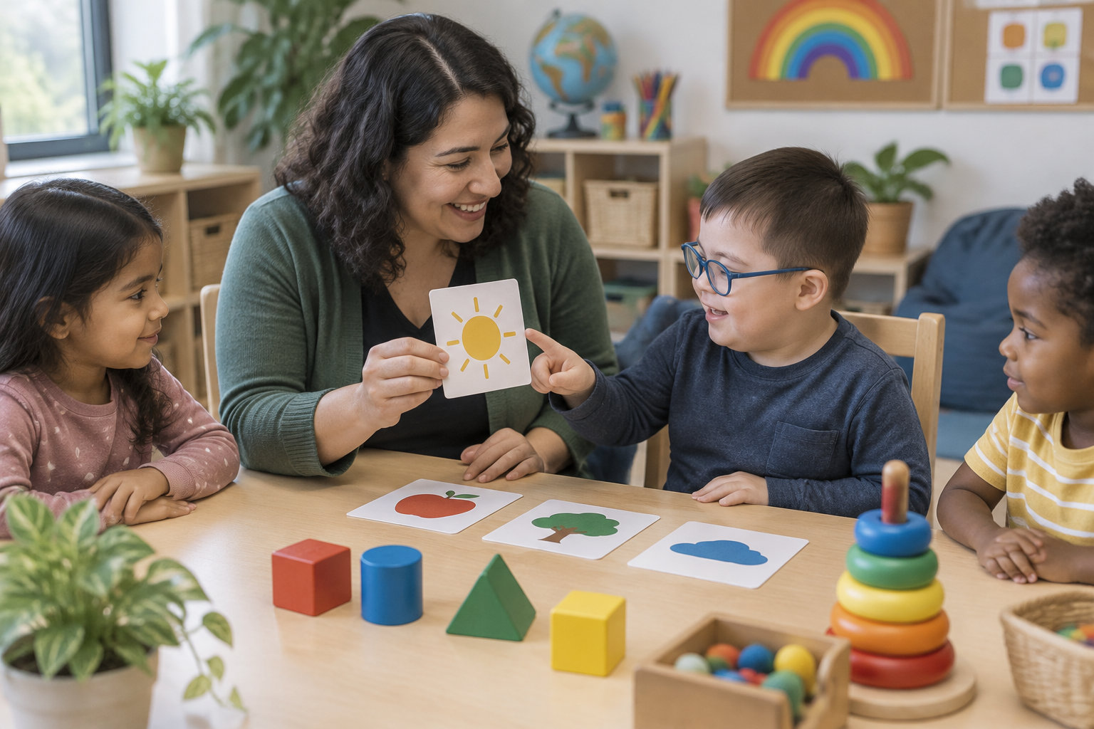 Une enseignante montre une carte illustrée d’un soleil à des enfants assis autour d’une table, où sont disposées d’autres cartes et des jouets colorés.