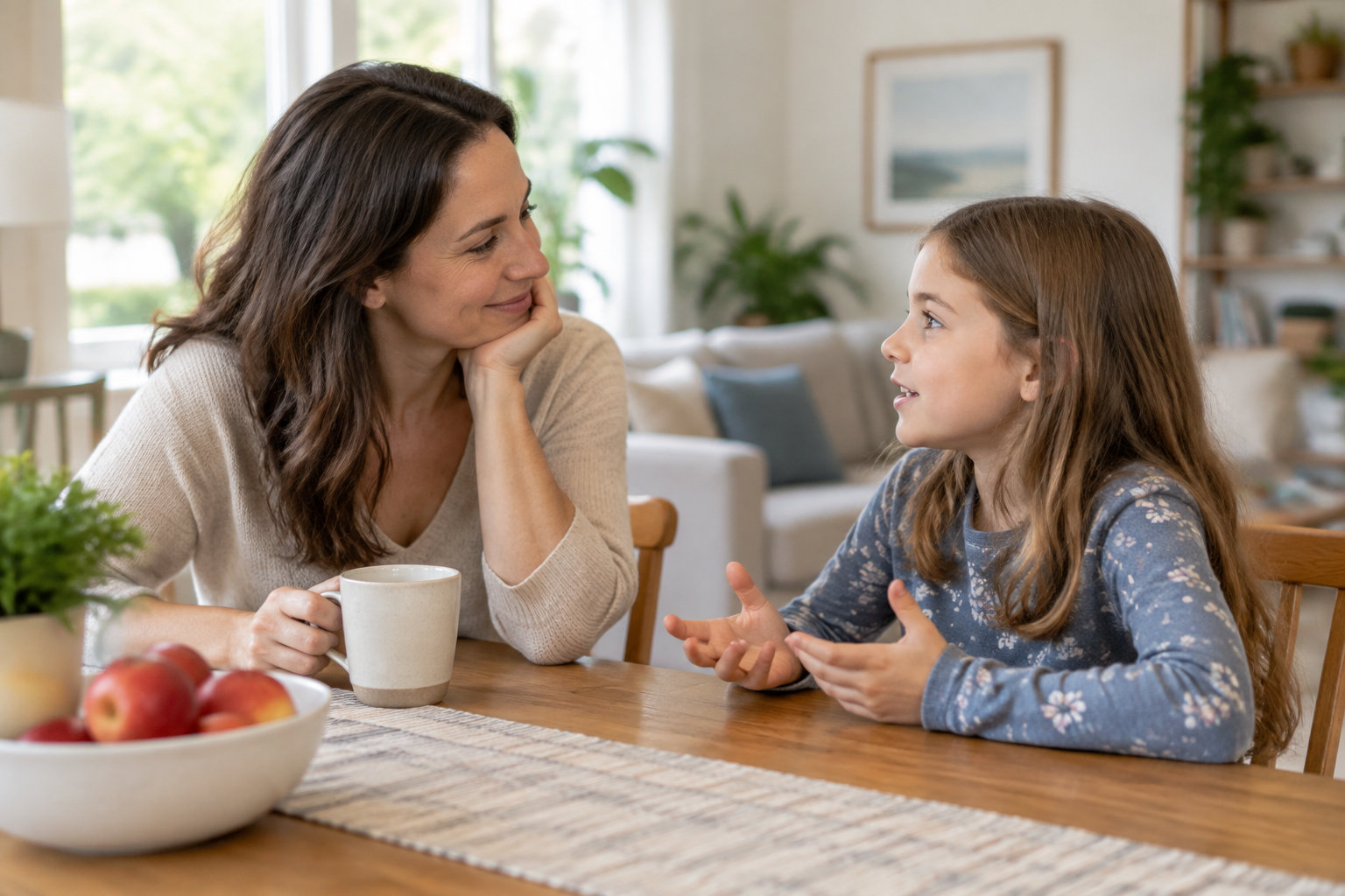 Une femme écoute une jeune fille qui lui parle à table, dans un salon lumineux.