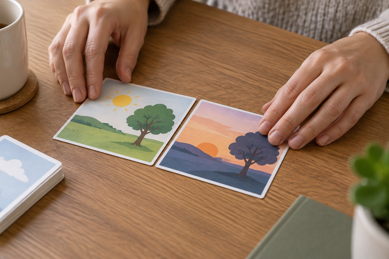 Deux mains posent côte à côte des cartes illustrées de paysages diurnes et crépusculaires sur une table en bois, près d’une tasse et d’une plante.