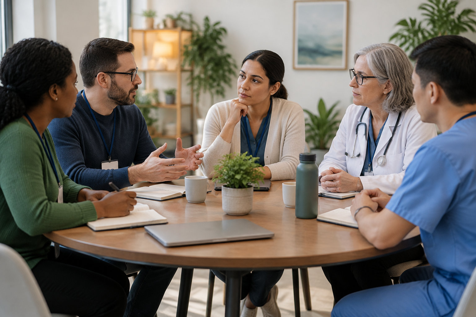 Cinq professionnels de santé discutent autour d’une table avec des carnets, des tasses et un ordinateur portable fermé.