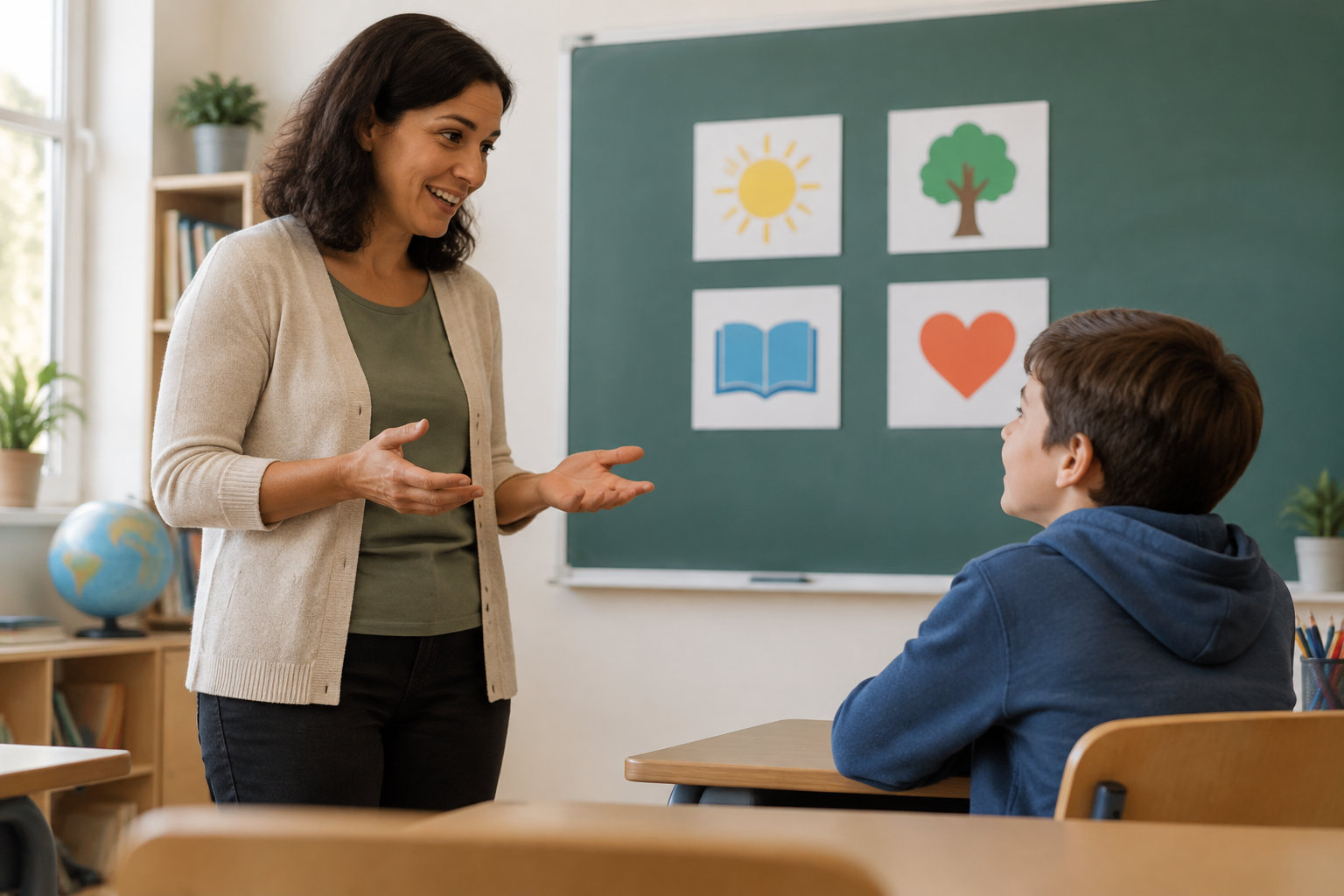 Une enseignante souriante parle à un élève assis devant un tableau vert décoré de dessins de soleil, d’arbre, de livre et de cœur.
