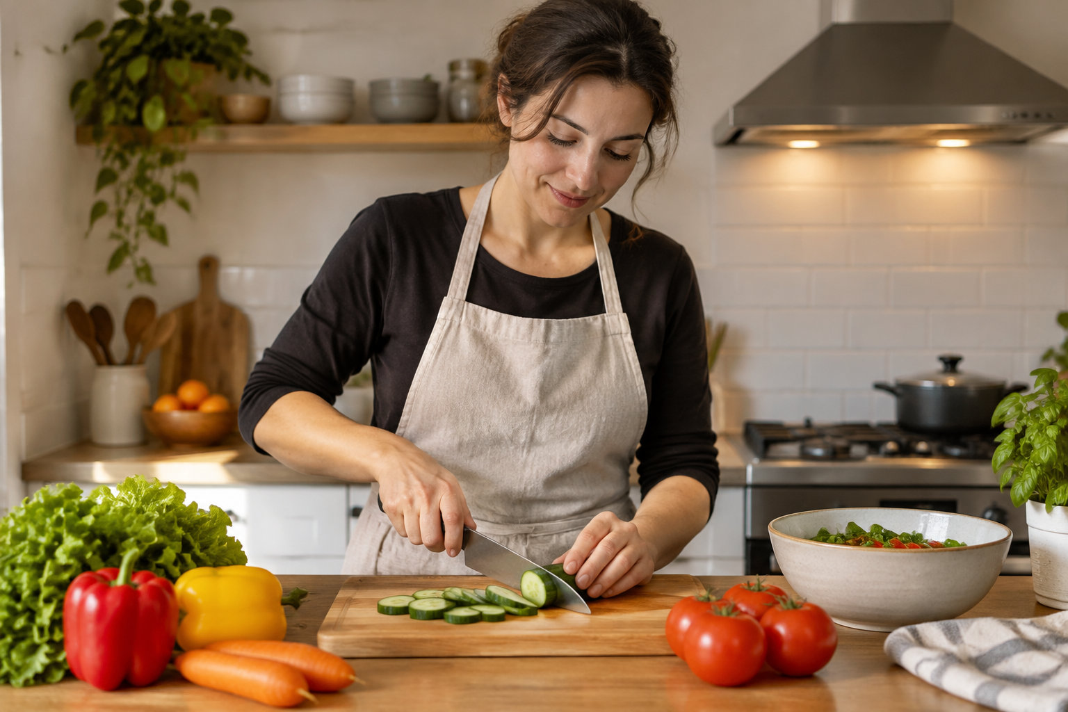 Une femme en tablier coupe un concombre sur une planche, entourée de légumes dans une cuisine.