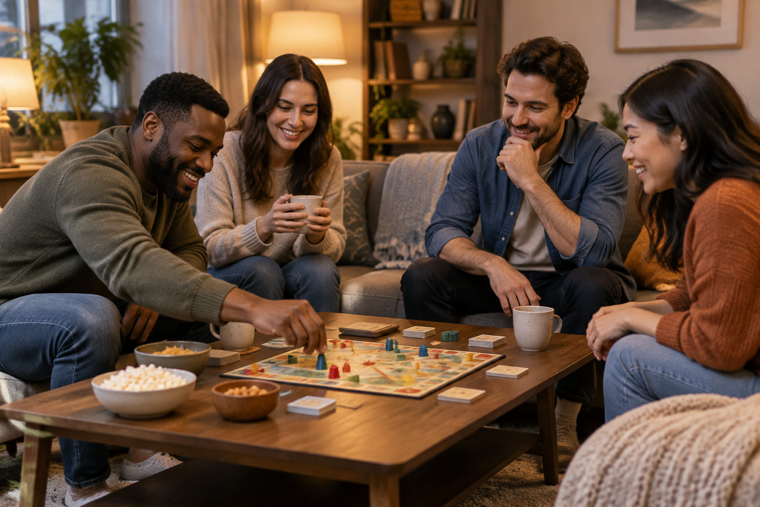 Quatre amis souriants jouent à un jeu de société autour d’une table basse, avec des boissons et des bols de collations dans un salon chaleureux.