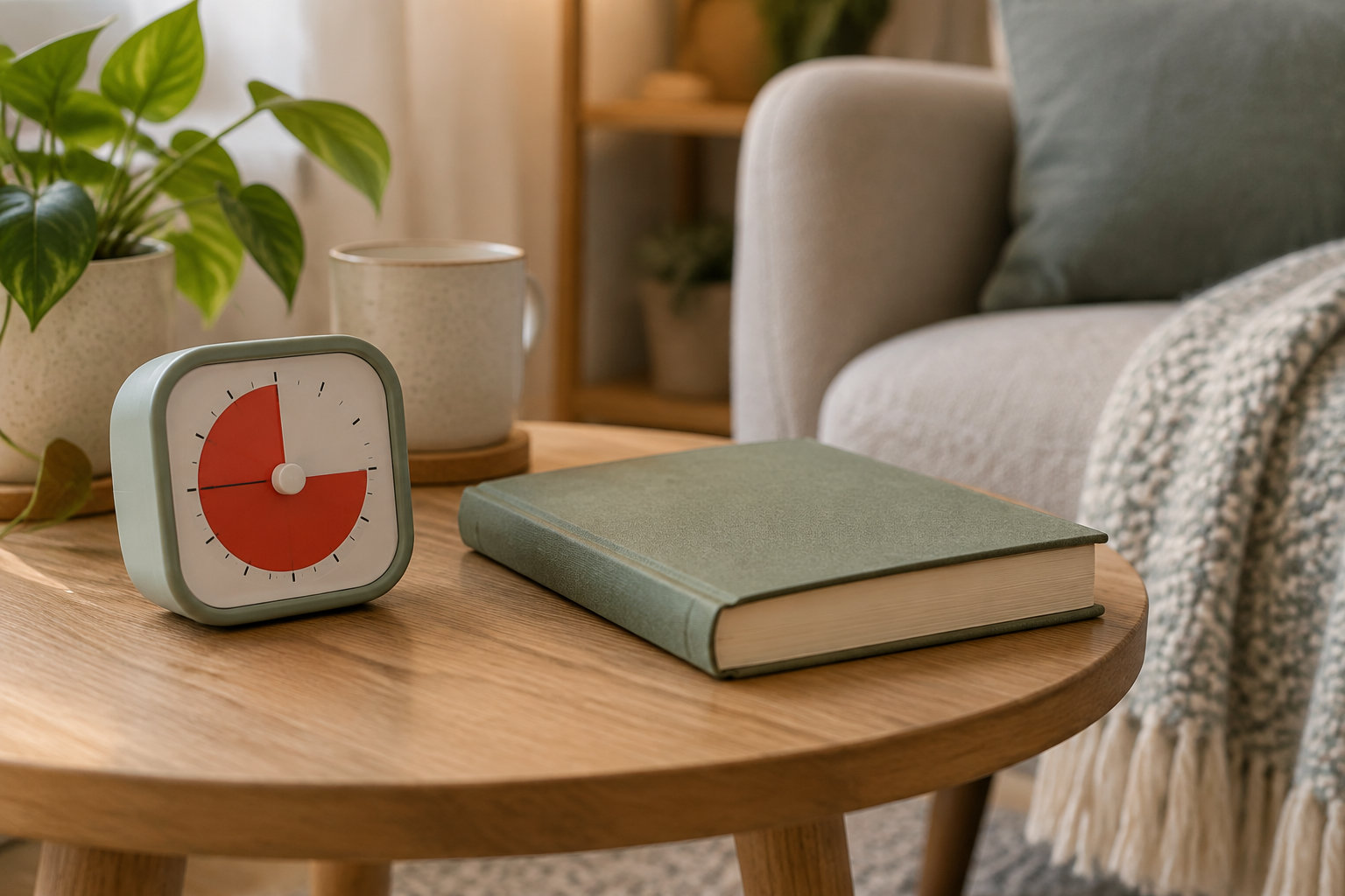 Une horloge de cuisine et un livre fermé sont posés sur une table basse en bois, près d’une plante et d’un fauteuil.