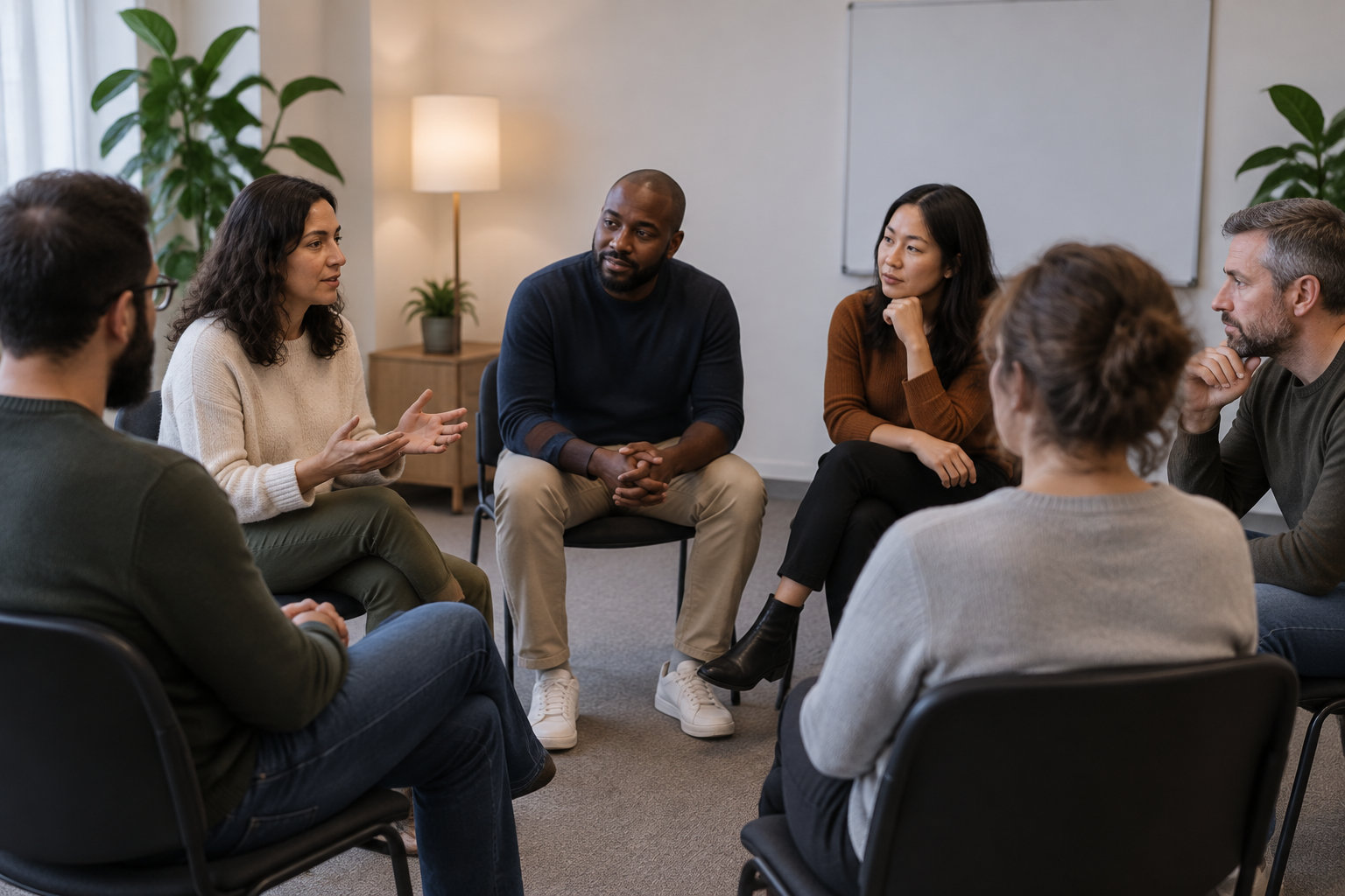 Plusieurs adultes assis en cercle dans une salle échangent lors d’une discussion, tandis qu’une femme parle en faisant des gestes.