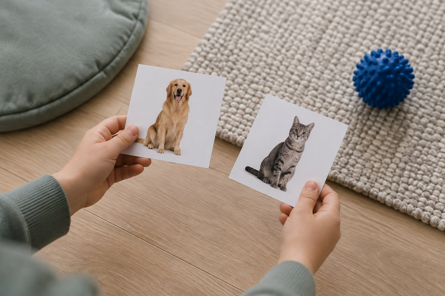Deux mains tiennent des photos imprimées d’un chien et d’un chat au-dessus d’un parquet, près d’un tapis et d’une balle bleue.