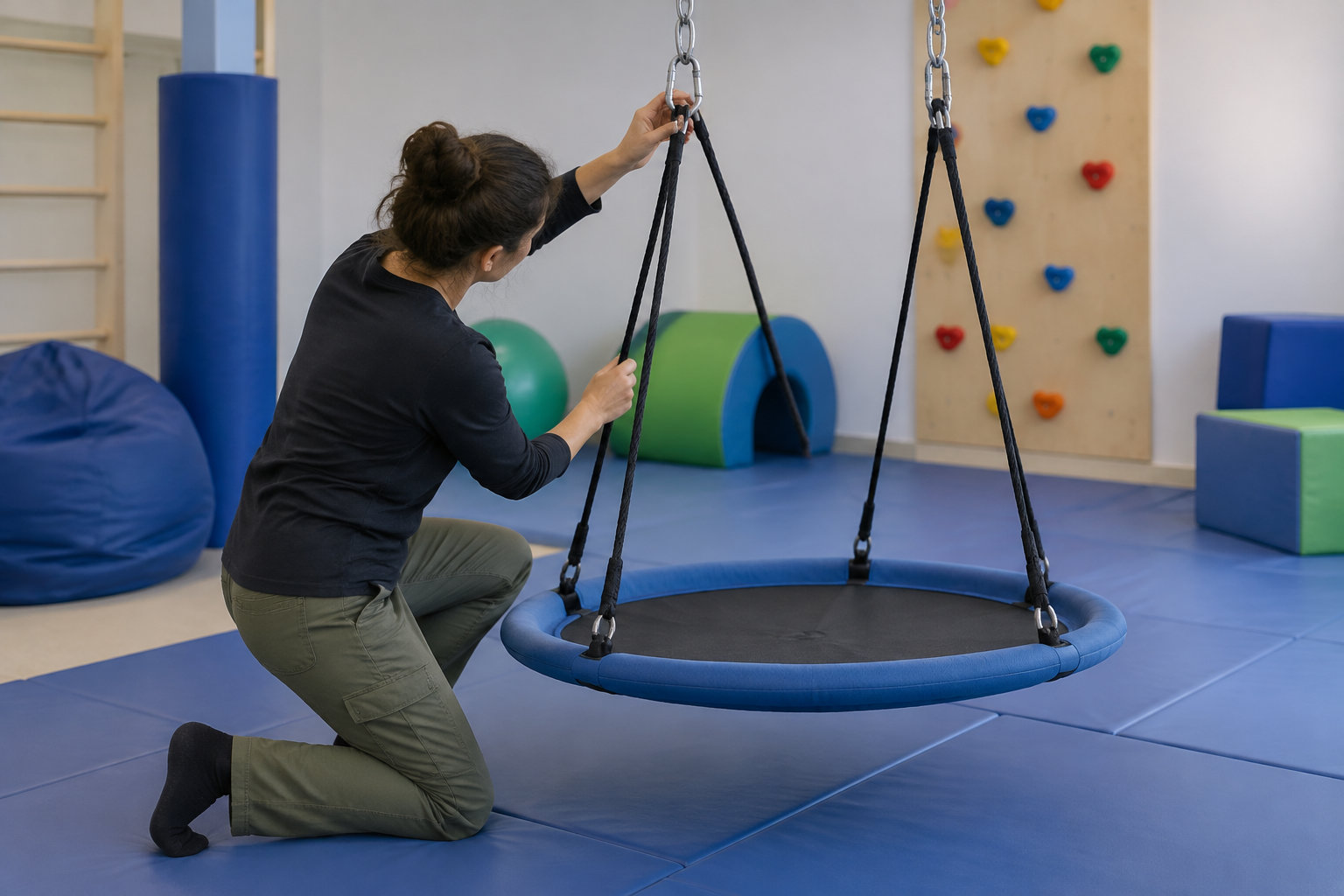 Une femme agenouillée ajuste les sangles d’une balançoire ronde suspendue dans une salle de motricité, avec des tapis et du matériel de jeu autour.