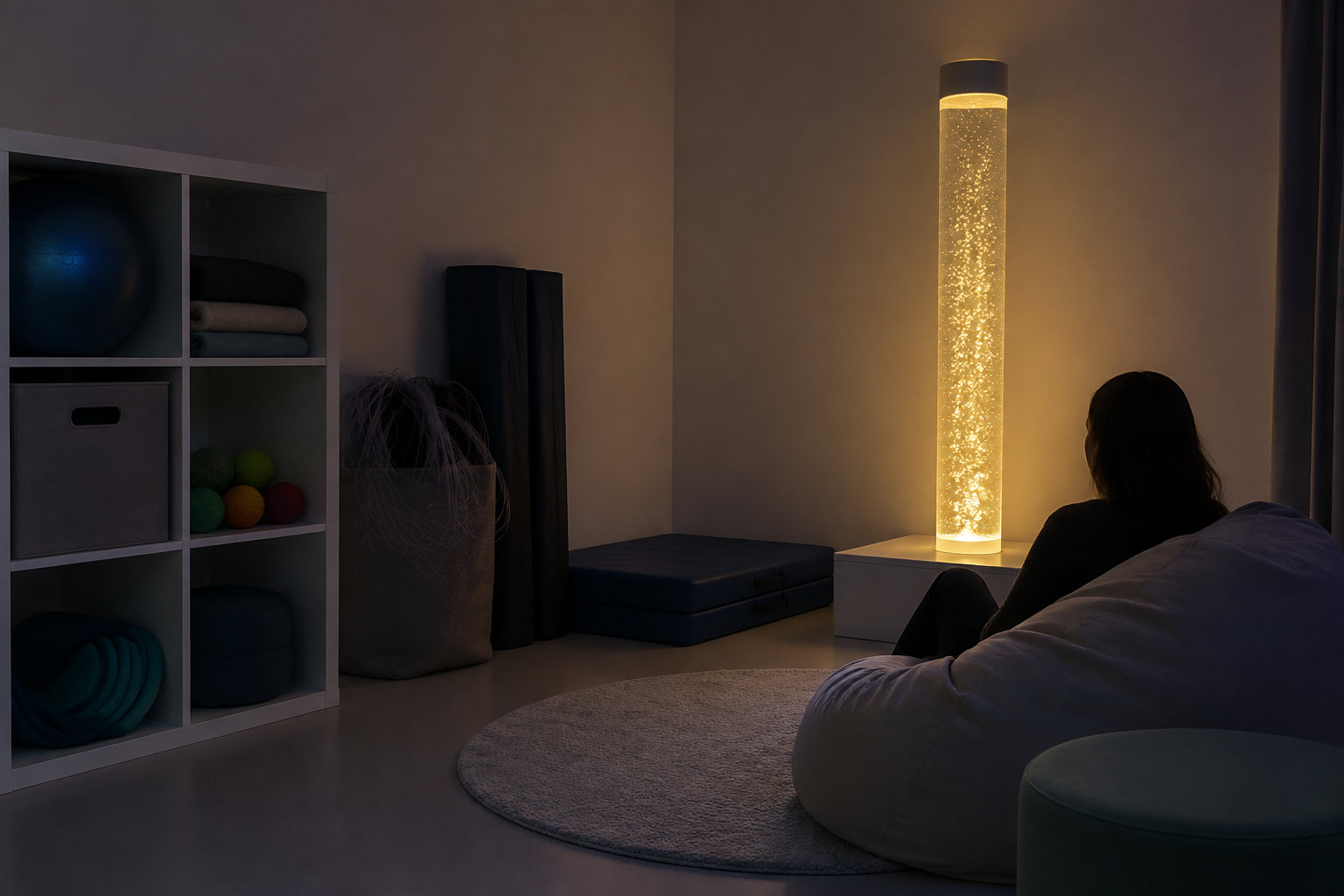 Une personne assise dans un fauteuil poire observe une lampe cylindrique lumineuse dans une pièce sombre aménagée avec des étagères et du matériel de sport.